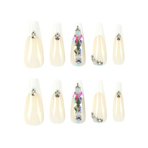Coffin Press on Nails White French With Rhinestone - Picture 2 of 4